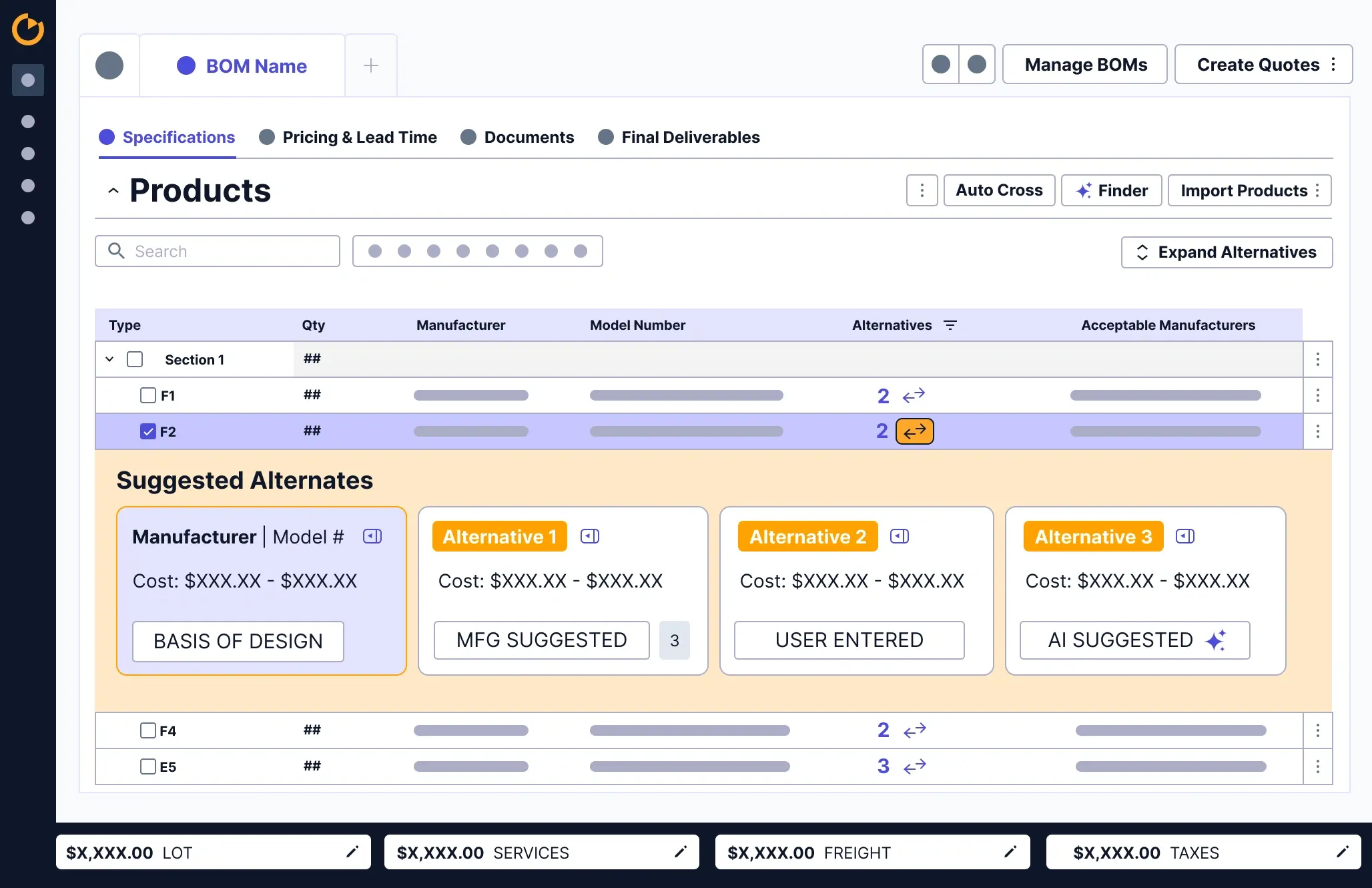 Find spec-compliant alternatives from inventory or preferred manufacturers